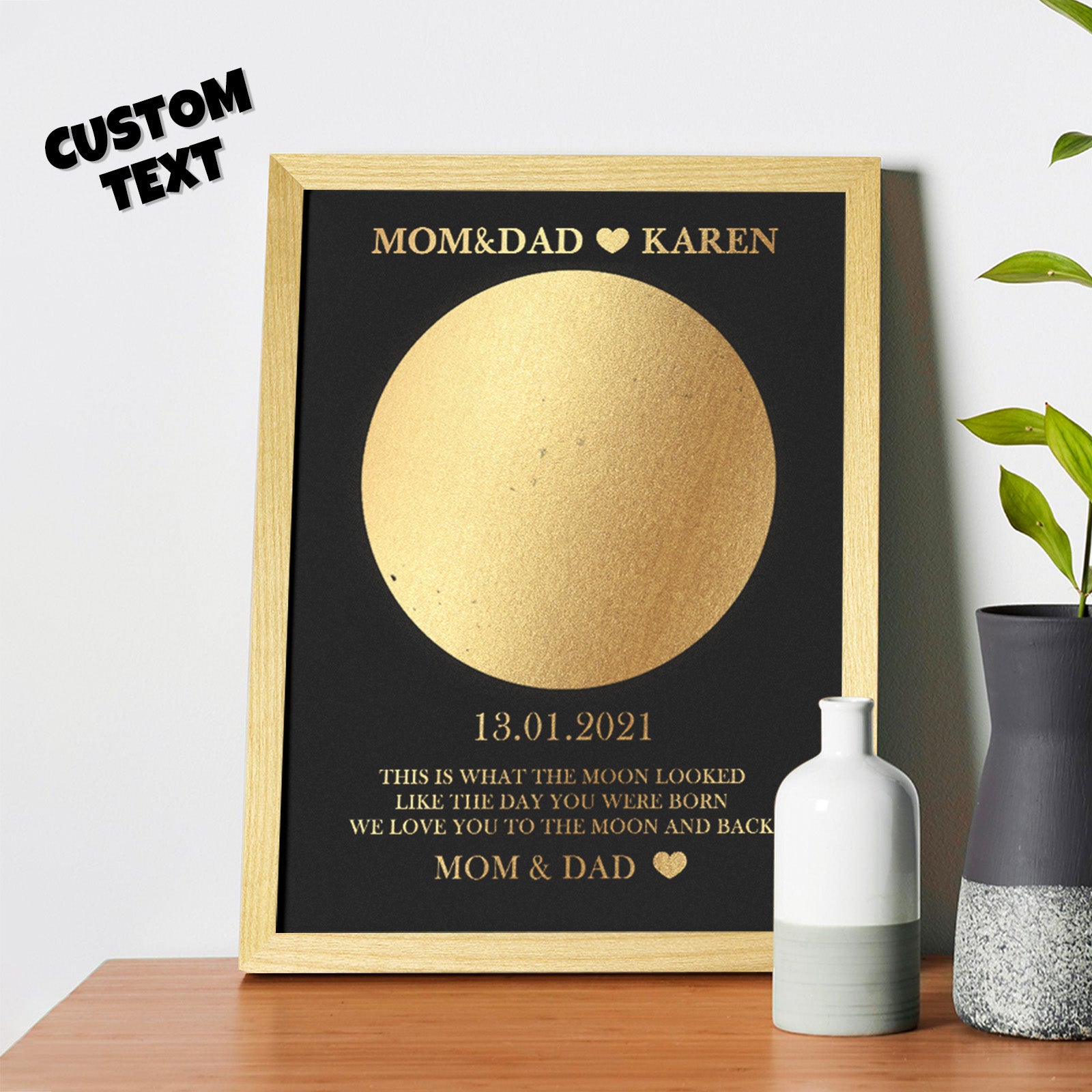 Marco De Madera Con Estampado De Lámina De Fase Lunar Personalizado, Regalo Familiar Con Nombre Y Texto - soufeeles