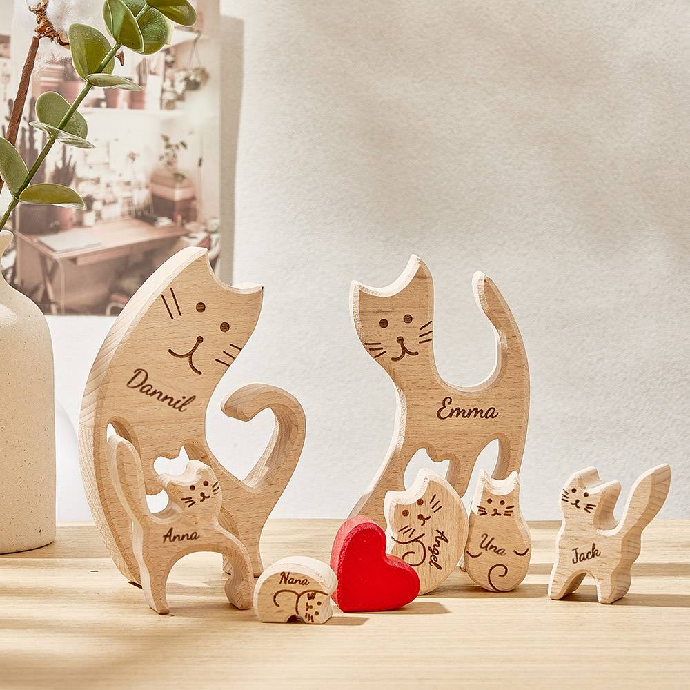 Gatos De Madera Personalizados, Nombres De Miembros De La Familia Personalizados, Rompecabezas, Regalos De Decoración Del Hogar - soufeeles
