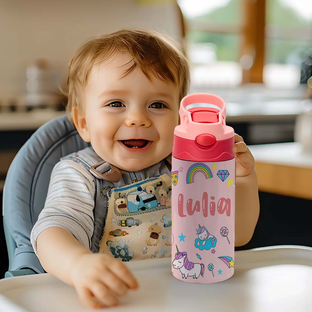 Botella De Agua De Acero Inoxidable Con Nombre Personalizado, Multicolor, Regalo De Regreso A Clases Para Niños - soufeeles
