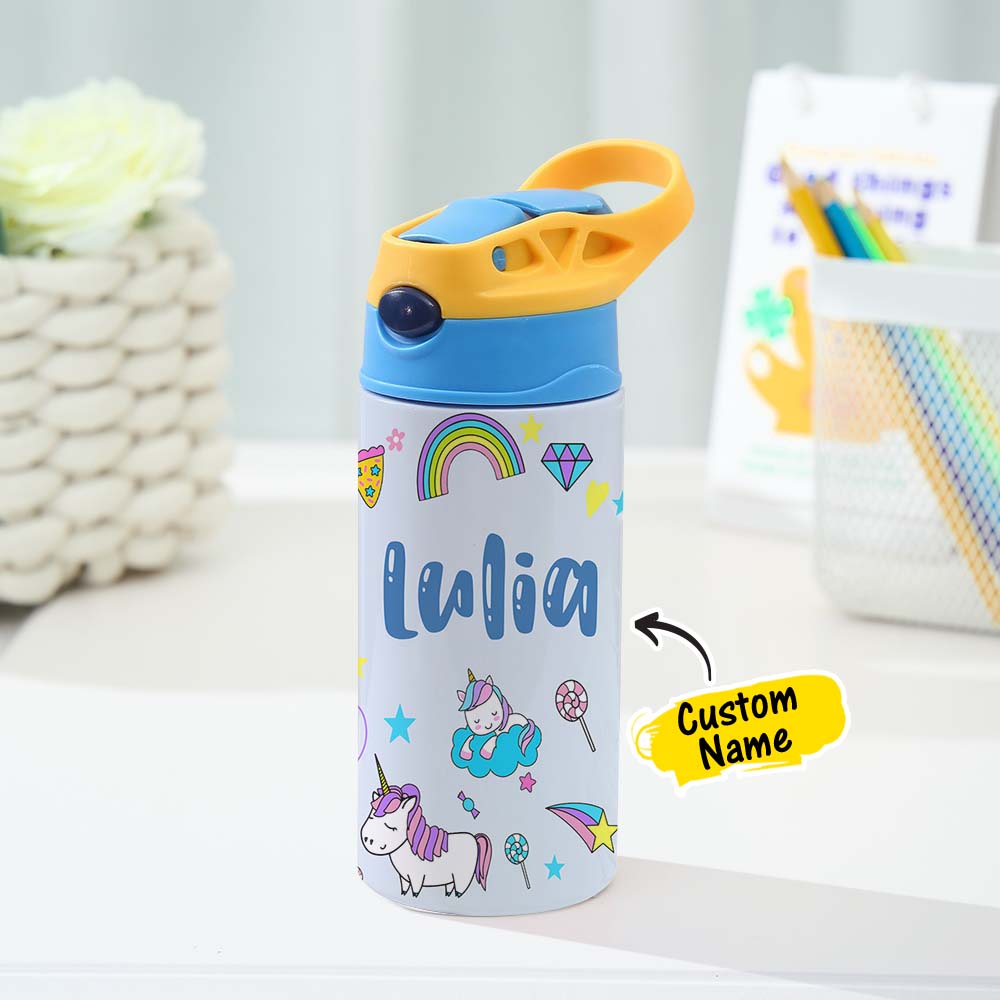 Botella De Agua De Acero Inoxidable Con Nombre Personalizado. Regalo Con Nombre Personalizado. Útiles Escolares Multicolores Para Niños. - soufeeles