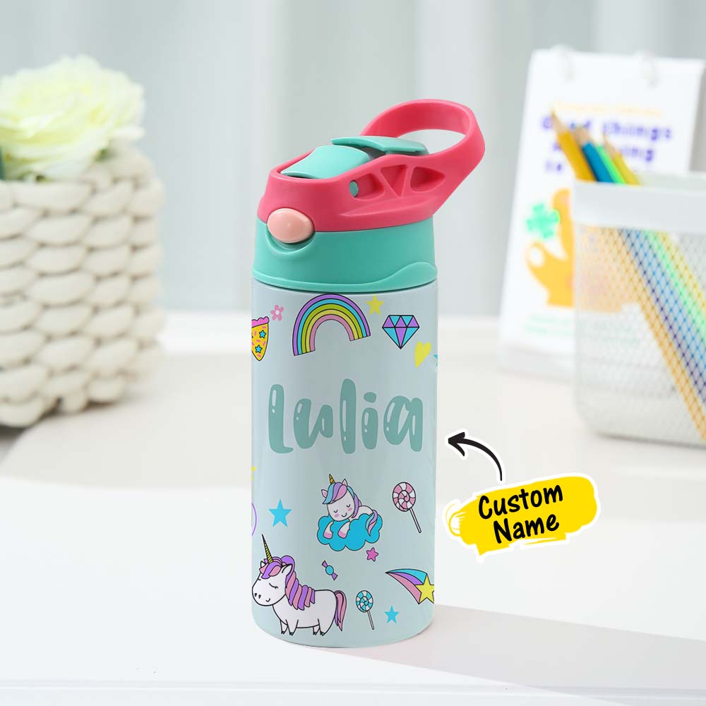Botella De Agua De Acero Inoxidable Con Nombre Personalizado. Regalo Con Nombre Personalizado. Útiles Escolares Multicolores Para Niños. - soufeeles