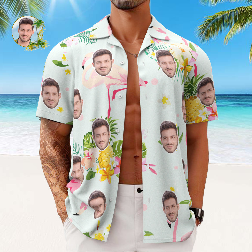 Camisa Hawaiana Con Cara Personalizada, Camisa Aloha Con Estampado Integral Para Hombre, Regalo - Romántico Hawaiano Y Flamencos