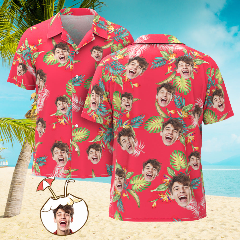 Camisa De Hombre Personalizada Con Estampado De Cara, Camisa Hawaiana, Hojas Rojas