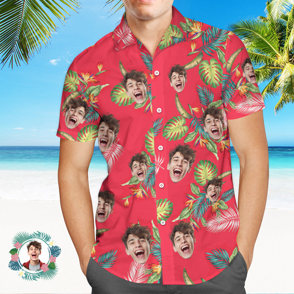 Camisa De Hombre Personalizada Con Estampado De Cara, Camisa Hawaiana, Hojas Rojas