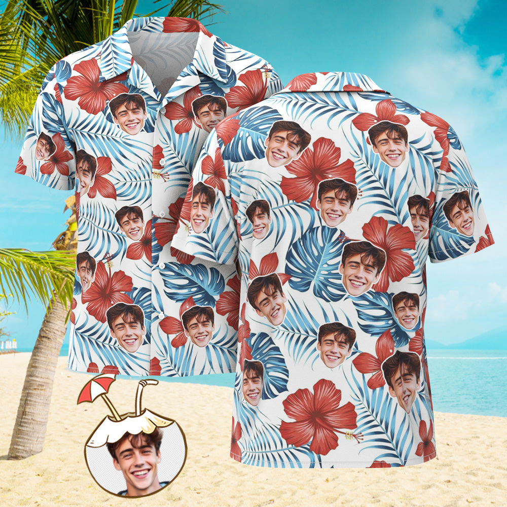 Camisa De Hombre Personalizada Con Estampado De Cara, Camisa Hawaiana, Hibisco Blanco