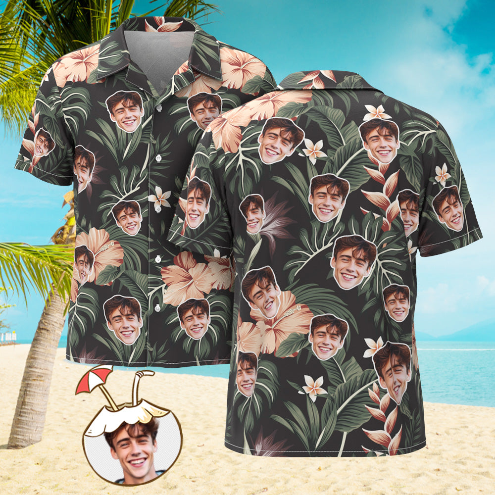 Camisa De Hombre Personalizada Con Estampado De Cara, Camisa Hawaiana, Hojas Grises