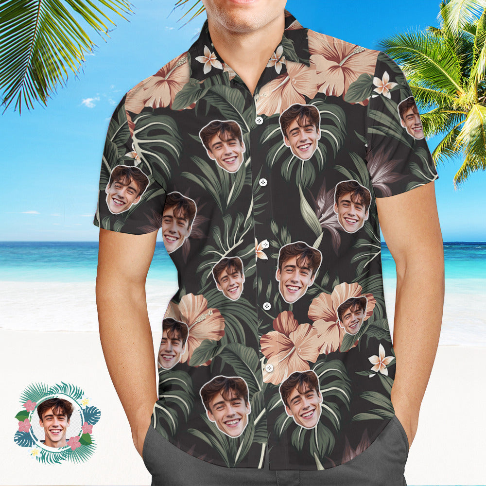 Camisa De Hombre Personalizada Con Estampado De Cara, Camisa Hawaiana, Hojas Grises
