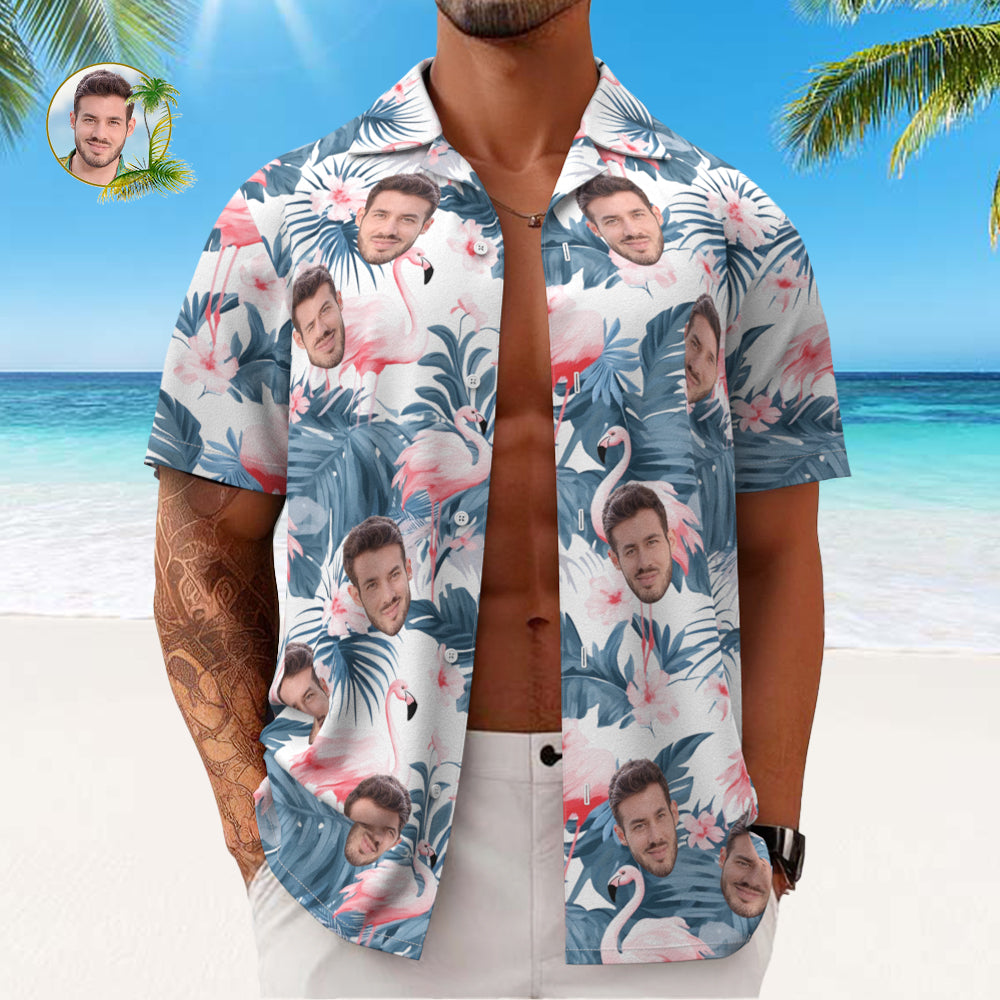Camisa Hawaiana Para Hombre Con Estampado De Cara Personalizada, Flamenco Y Flores, Hojas Azules