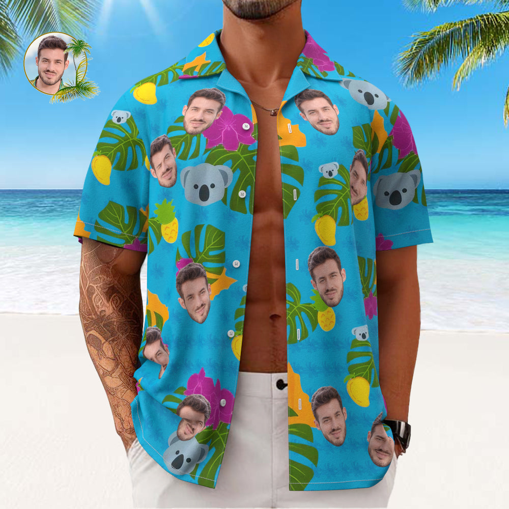 Camisa Hawaiana Para Hombre Con Estampado De Cara Personalizada, Lindo Regalo De Koala Y Hojas Para Él