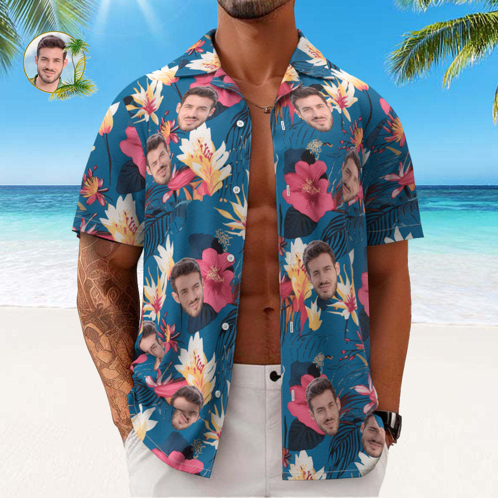 Camisa Hawaiana Para Hombre Con Estampado De Cara Personalizada, Flores Rosas Y Monstera Deliciosa