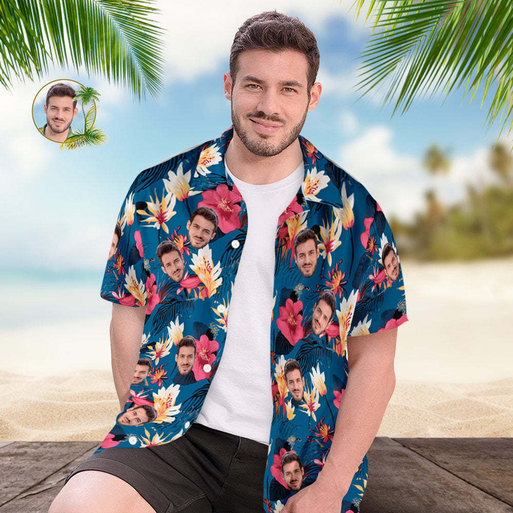 Camisa Hawaiana Para Hombre Con Estampado De Cara Personalizada, Flores Rosas Y Monstera Deliciosa