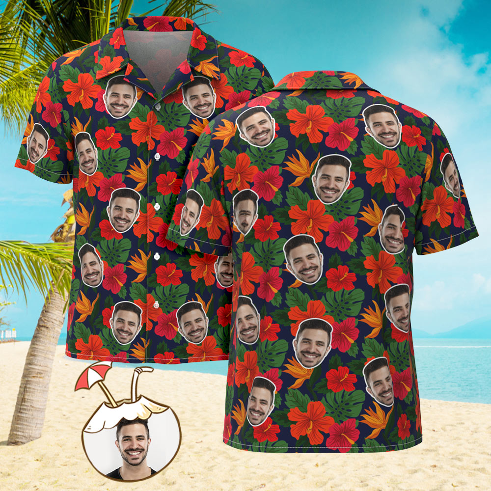 Camisa De Hombre Personalizada Con Estampado De Cara, Camisa Hawaiana, Regalos De Hibisco