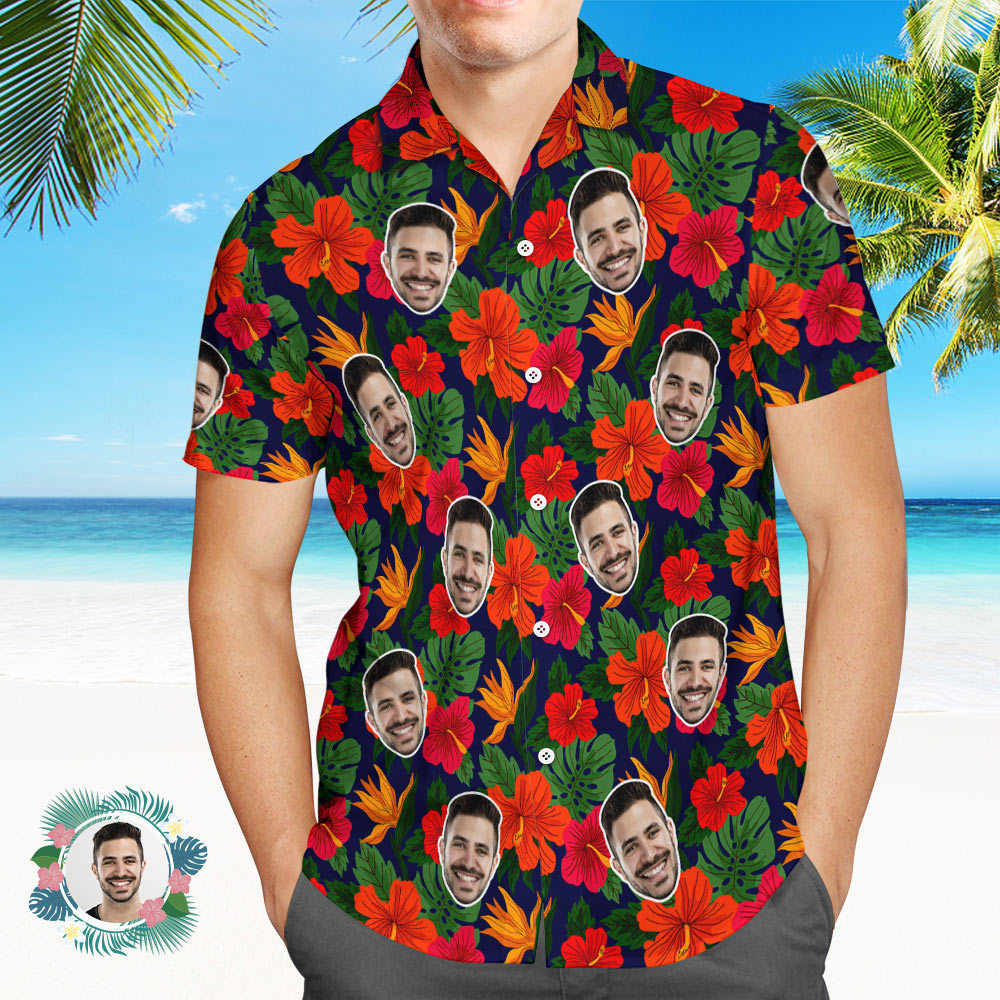 Camisa De Hombre Personalizada Con Estampado De Cara, Camisa Hawaiana, Regalos De Hibisco