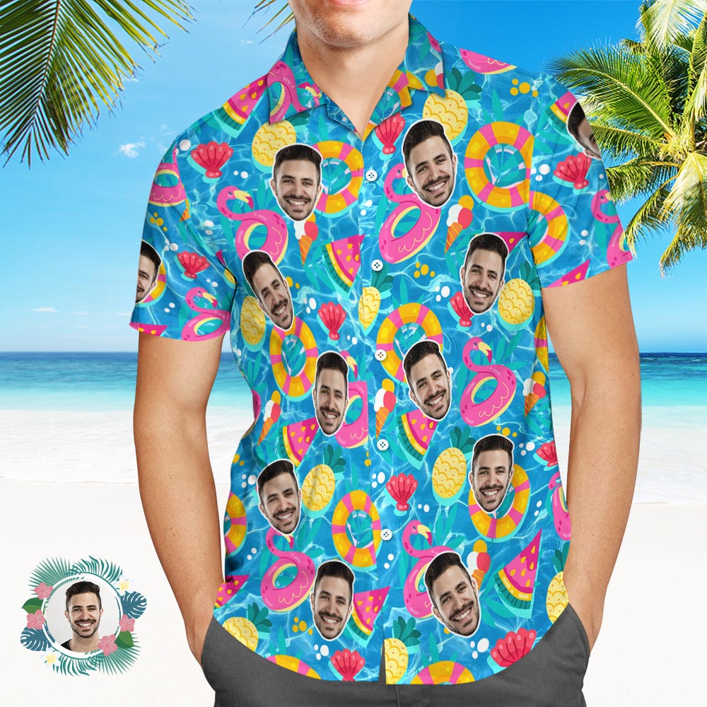 Camisa De Hombre Personalizada Con Estampado De Cara, Camisa Hawaiana, Flotadores De Piscina