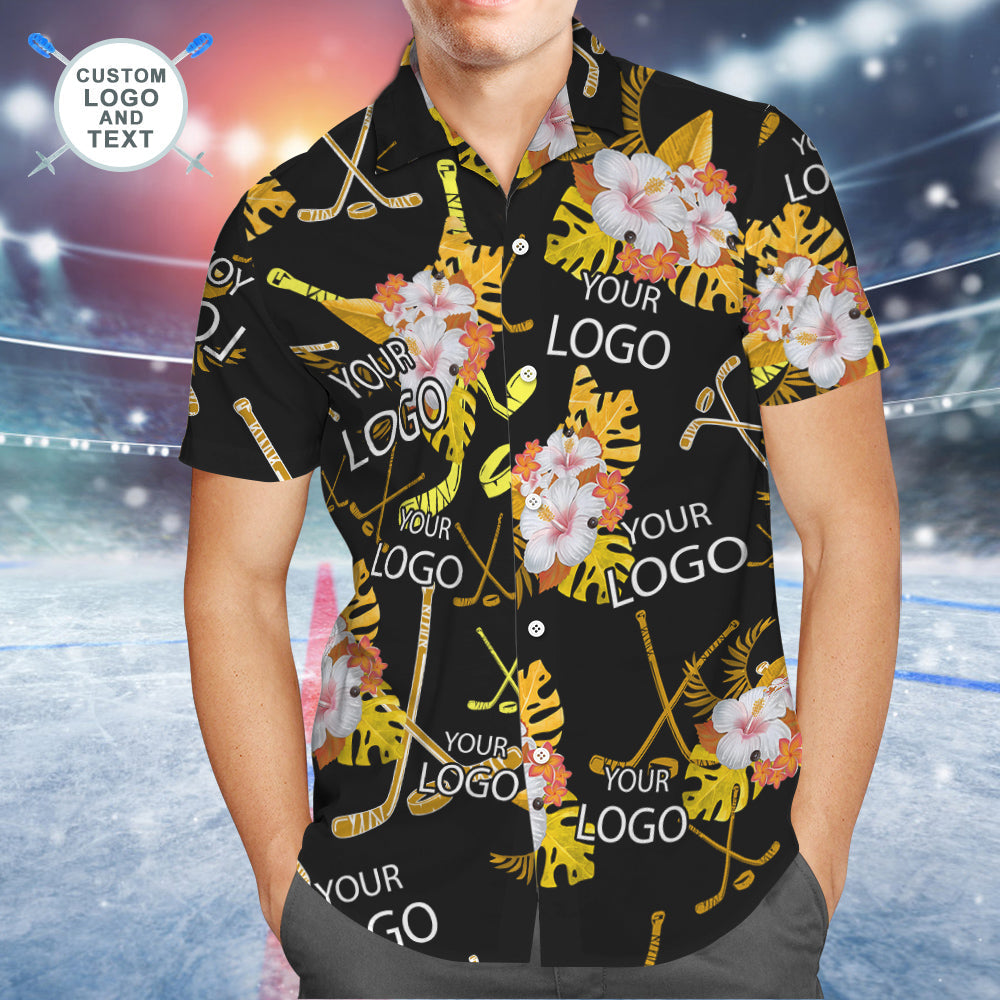 Camisa Hawaiana Con Logotipo Personalizado Camisa Aloha Con Estampado Integral Para Hombre Camisa Del Equipo - Hockey Tropical Negro Y Amarillo Surf Estilo Hawaiano Surf Estilo Hawaiano