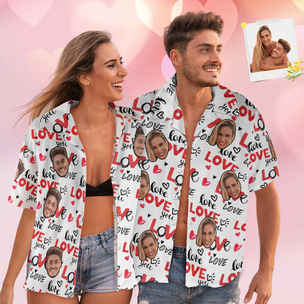 Traje De Pareja De Camisa Blanca Personalizada Estilo Hawaiano Con Cara Personalizada