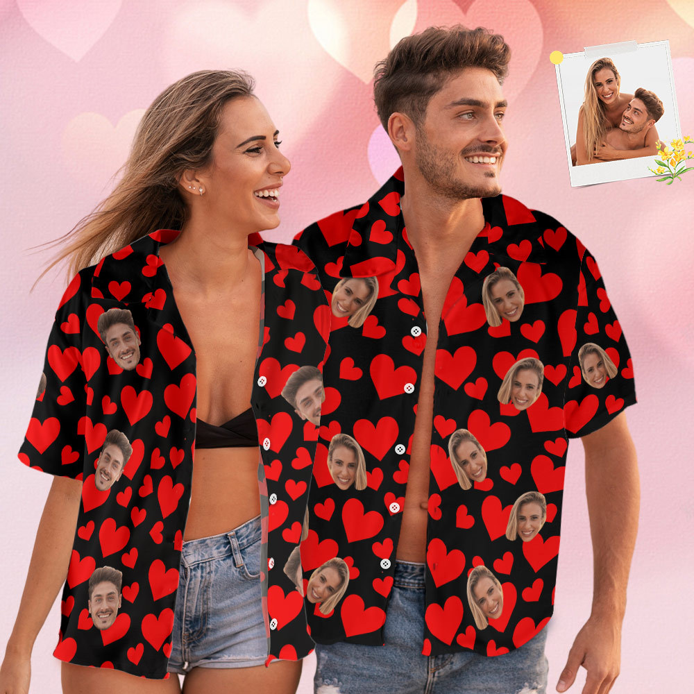 Camisa Hawaiana Con Cara Personalizada, Camisa Tropical De Flamenco, Traje De Pareja, Corazones Rojos, Regalos Del Día De San Valentín Para Pareja