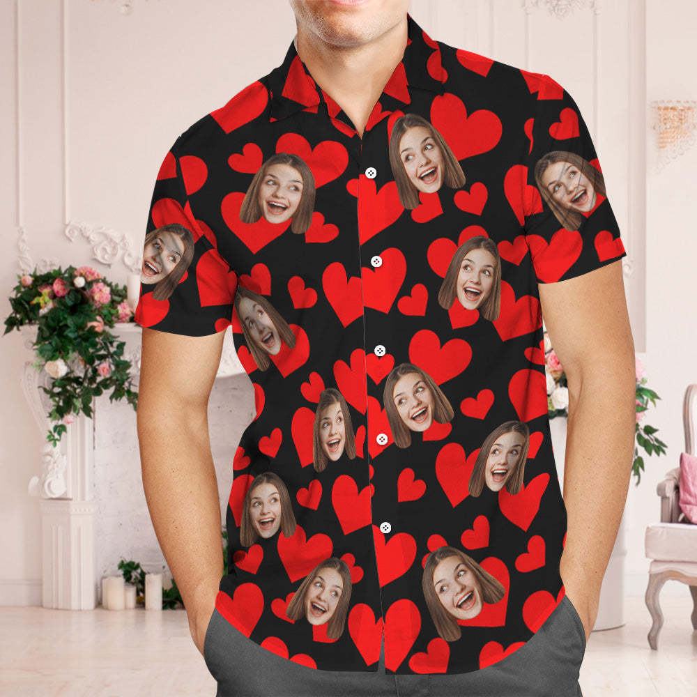 Camisa Hawaiana Con Cara Personalizada, Camisa Tropical De Flamenco, Traje De Pareja, Corazones Rojos, Regalos Del Día De San Valentín Para Pareja