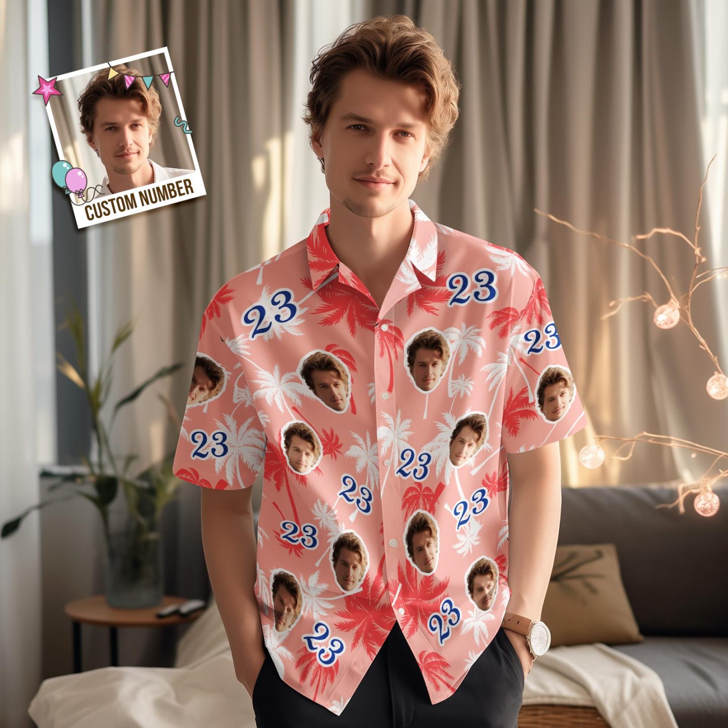 Camisas Hawaianas De Cumpleaños Personalizadas Con Cara Y Número Camisa De Árbol De Coco Roja Y Blanca