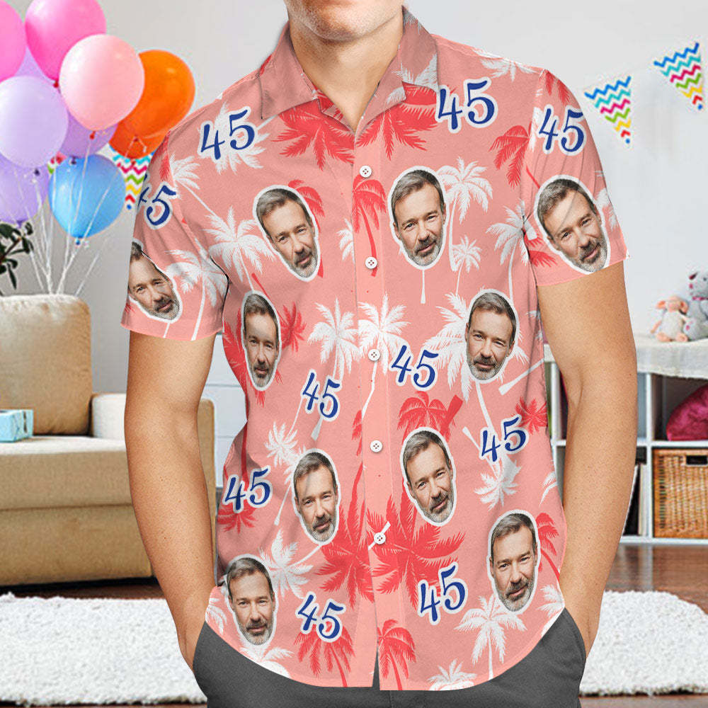 Camisas Hawaianas De Cumpleaños Con Cara Y Número Personalizadas, Regalo De Cumpleaños Para El Día Del Padre, Camisa De Árbol De Coco Roja Y Blanca