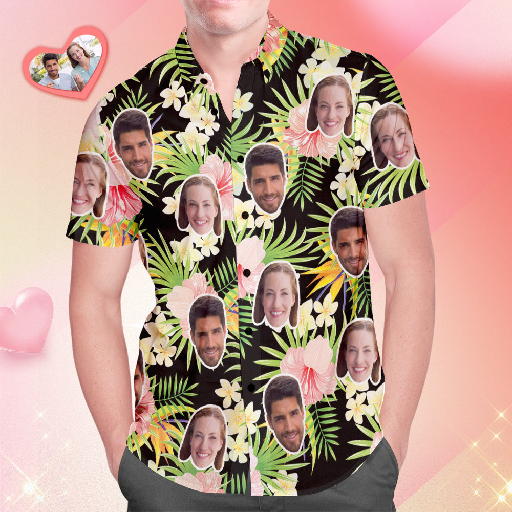 Camisa Hawaiana Con Cara Personalizada, Camisa Para Hombre Con Estampado Integral, Hibisco Rojo