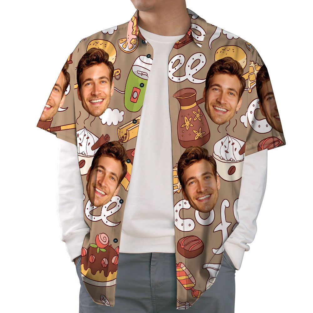 Camisa Hawaiana Con Cara Personalizada Café, Pastel Y Miel Camisa Tropical Informal Con Botones
