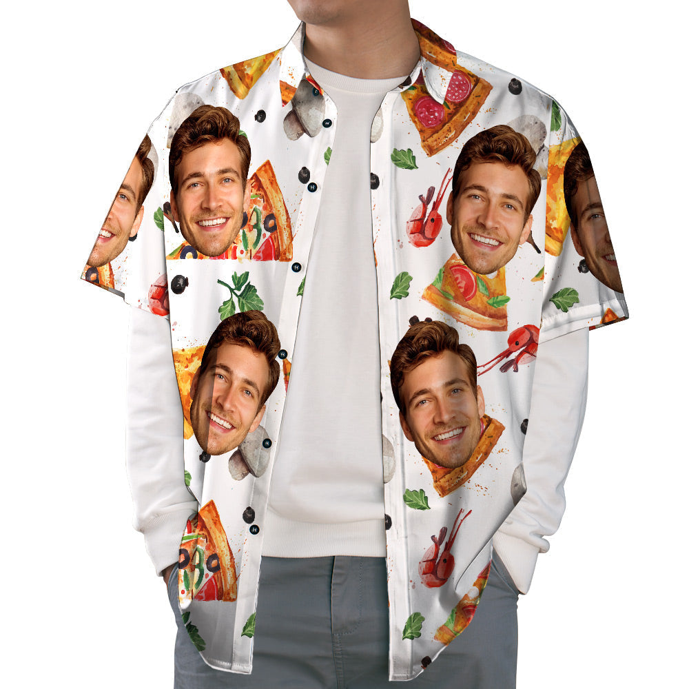 Camisa De Cara Personalizada Pizza Y Hojas De Menta Camisa Hawaiana De Verano Unisex