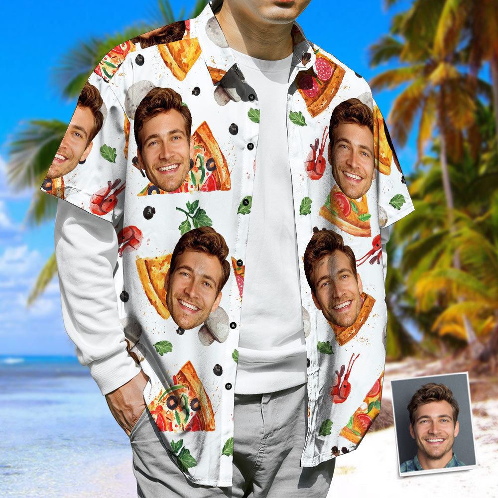 Camisa De Cara Personalizada Pizza Y Hojas De Menta Camisa Hawaiana De Verano Unisex