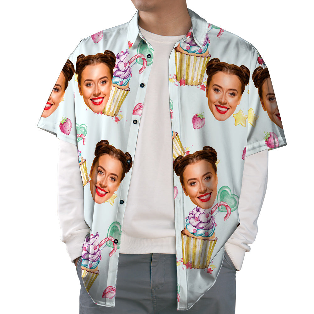Camisa Hawaiana Con Cara Personalizada, Camisa De Vacaciones De Verano Con Helado Y Fresa, Unisex