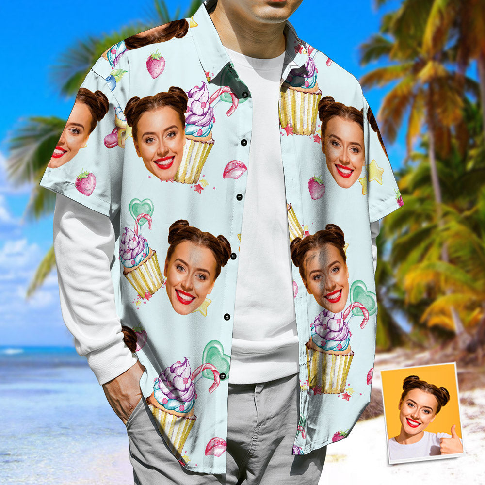Camisa Hawaiana Con Cara Personalizada, Camisa De Vacaciones De Verano Con Helado Y Fresa, Unisex
