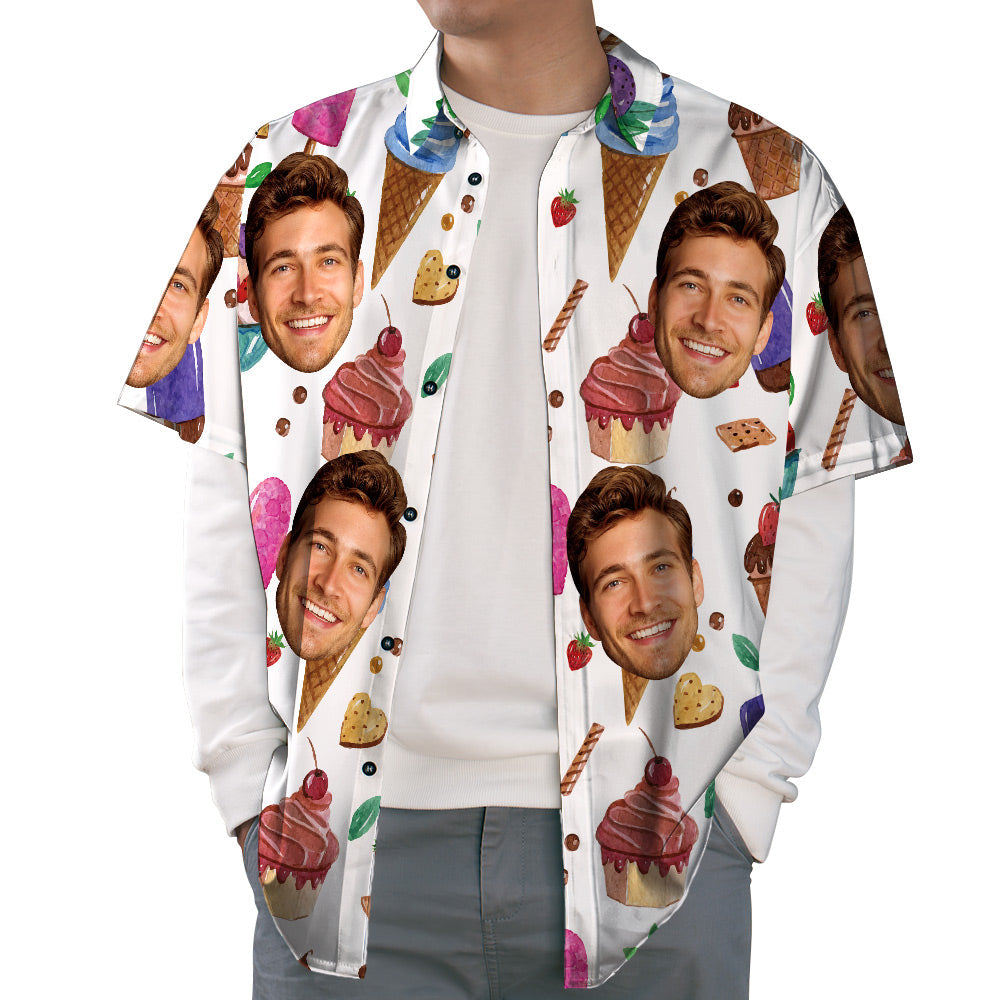 Camisa Hawaiana Con Cara Personalizada, Galleta Y Lindo Helado, Camisa De Playa De Verano