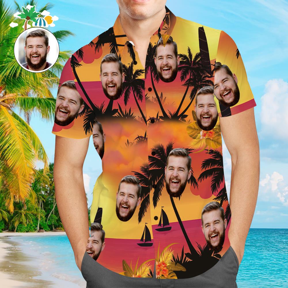 Camisa Hawaiana De Cara Personalizada Sunset Coconut Tree Beach Shirt Regalo Para Hombres