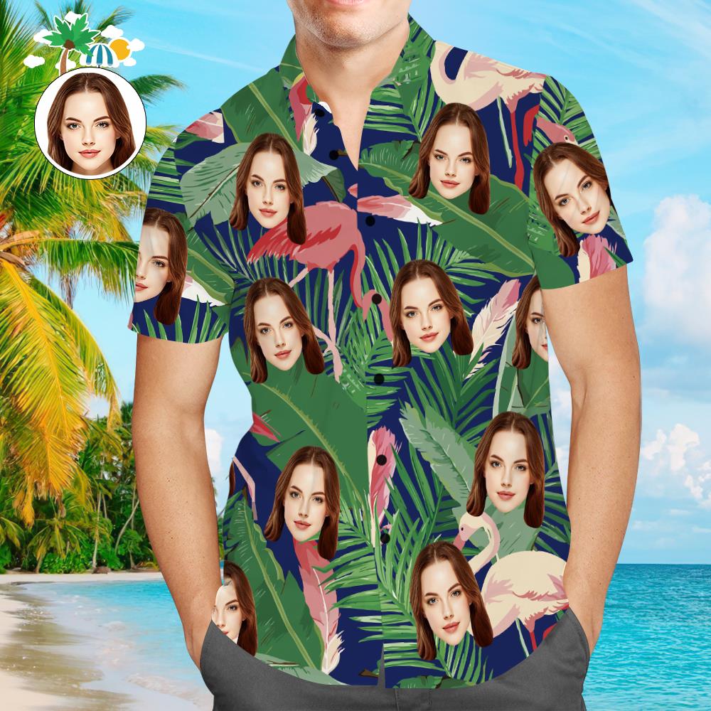 Camisa Hawaiana De Cara Personalizada Pink Flamingo Holiday Beach Camisas Para Él