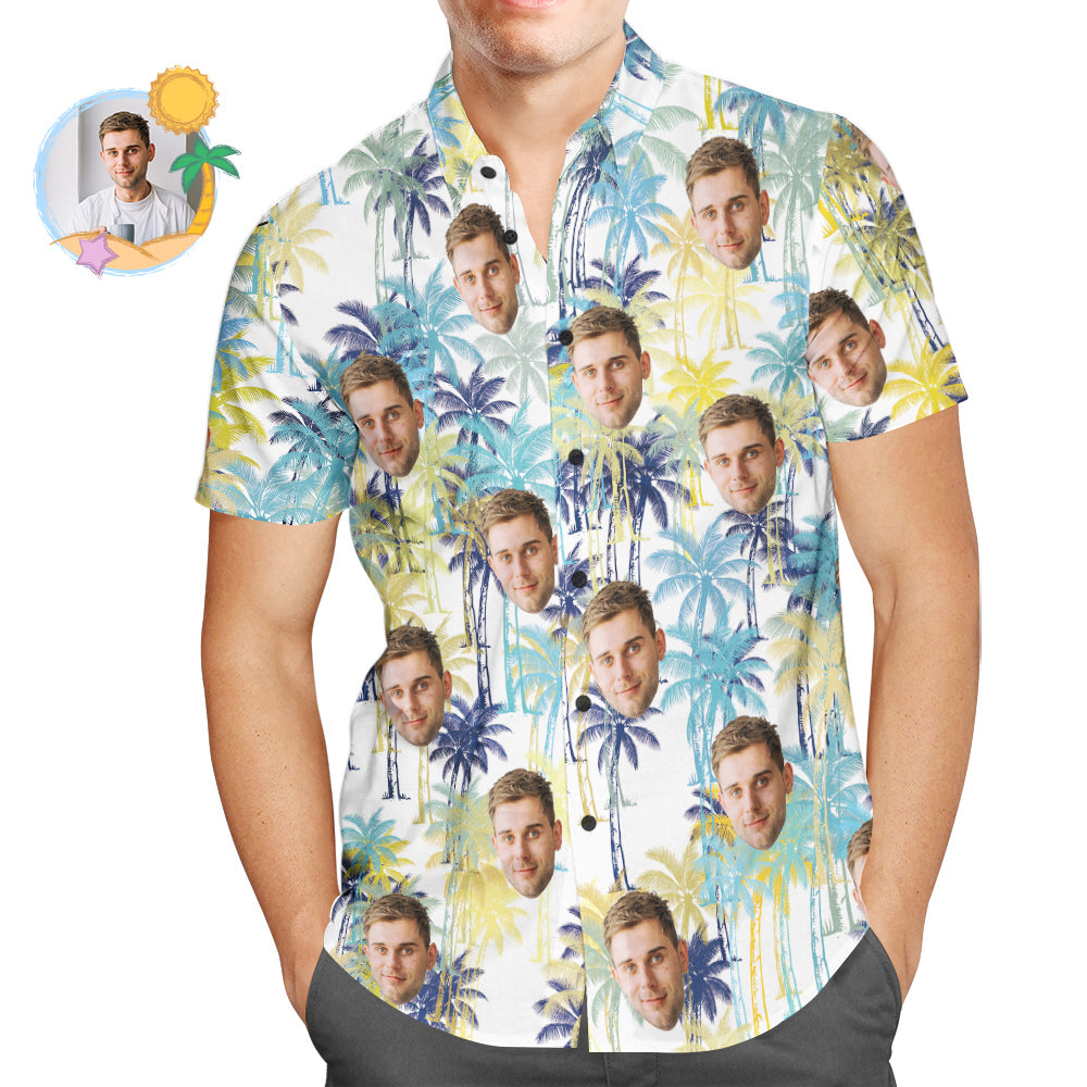 Camisa Hawaiana De Cara Personalizada, Camisa De Playa Divertida Con Árbol De Coco Multicolor Para Hombres