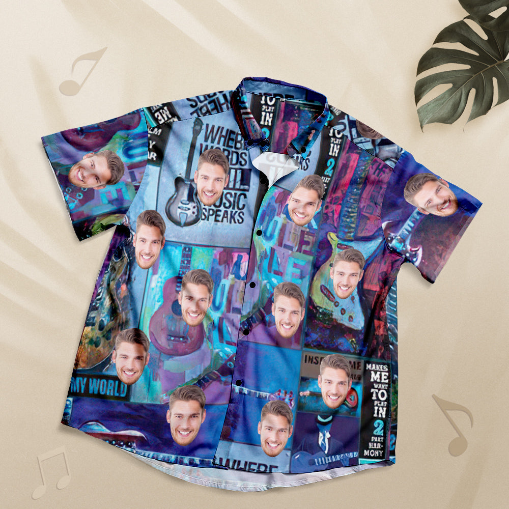 Camisa Hawaiana Con Cara Personalizada, Regalo De Camisa Con Estilo Musical Personalizado, Guitarra Genial