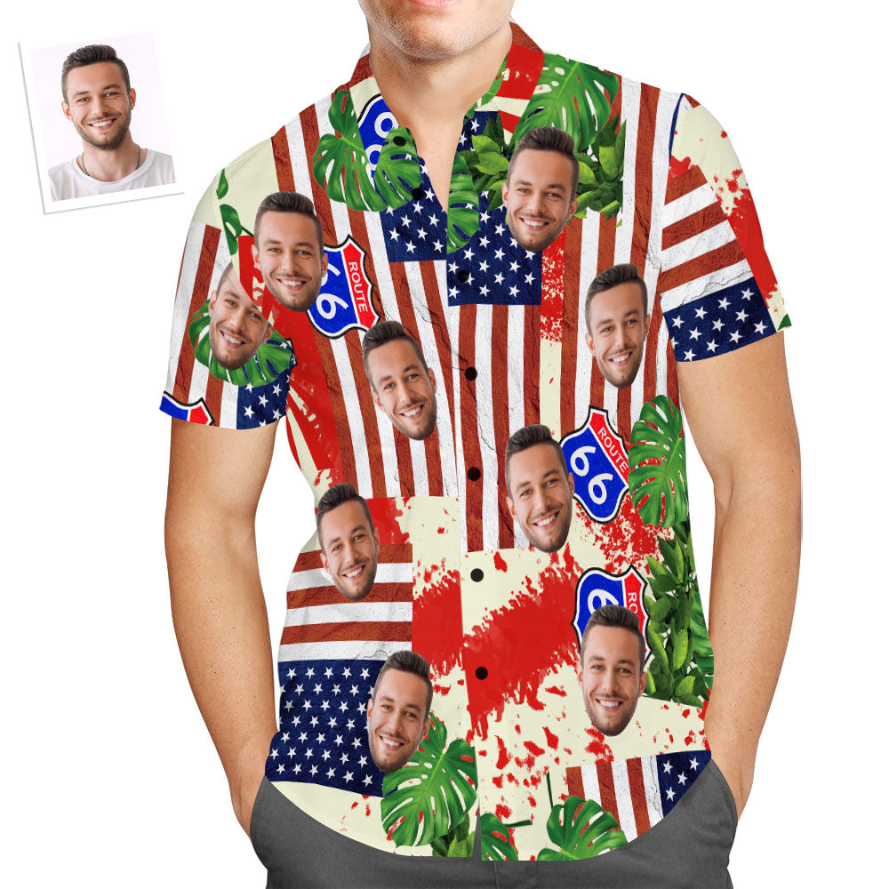 Camisa Hawaiana Con Cara Personalizada Bandera Ruta 66 Aloha Beach Camisa Regalo Para Él