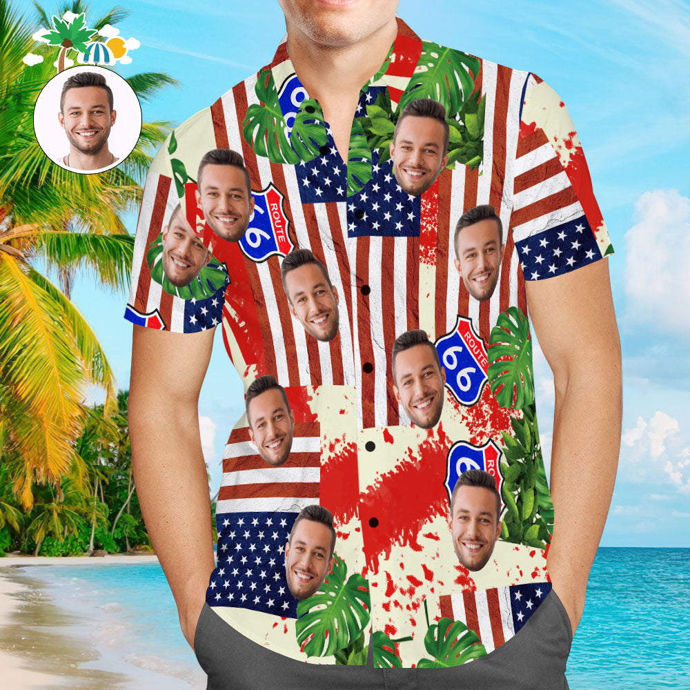 Camisa Hawaiana Con Cara Personalizada Bandera Ruta 66 Aloha Beach Camisa Regalo Para Él