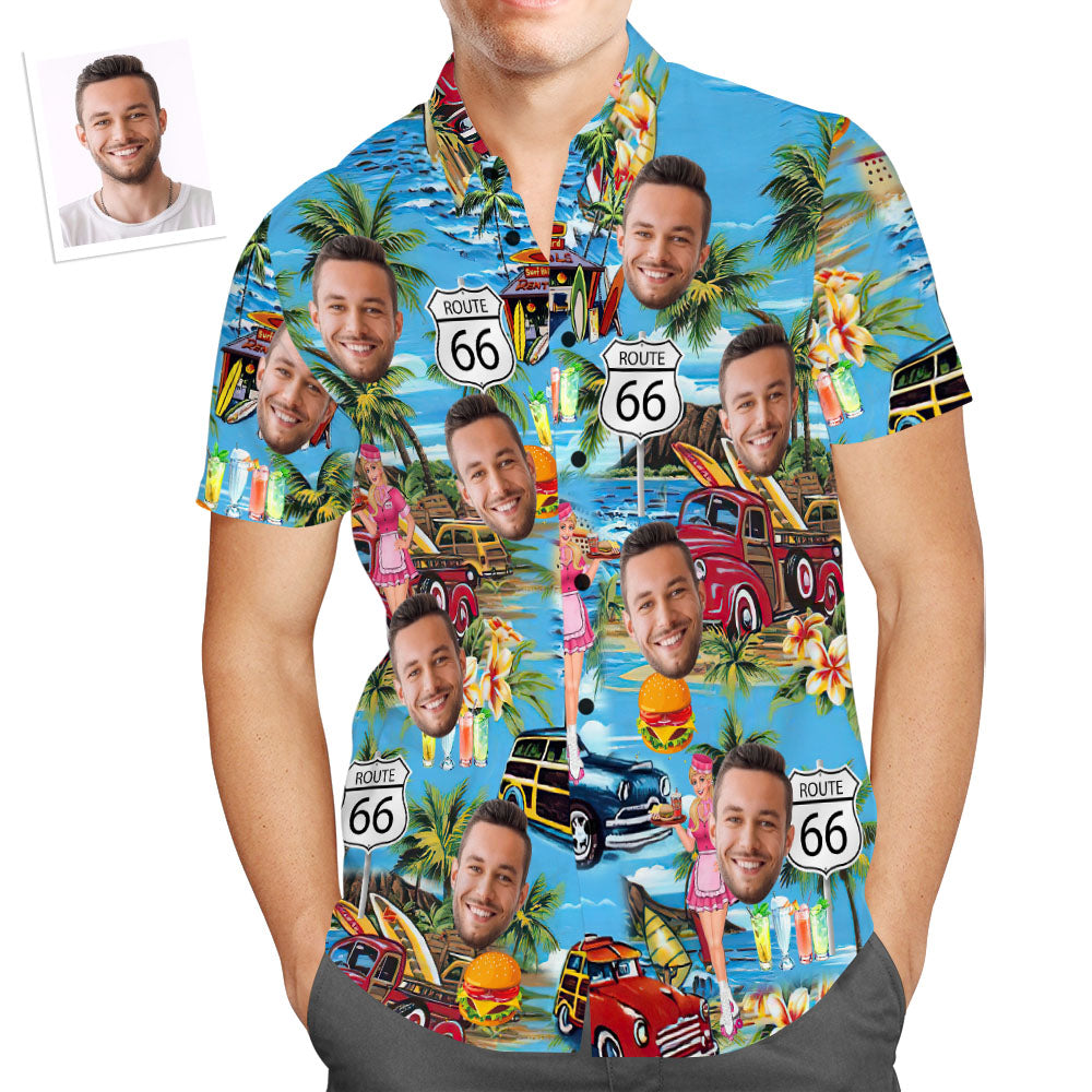 Camisa Hawaiana Aloha De La Ruta 66 De Hawaii Azul Con Cara Personalizada, Regalo Para Él