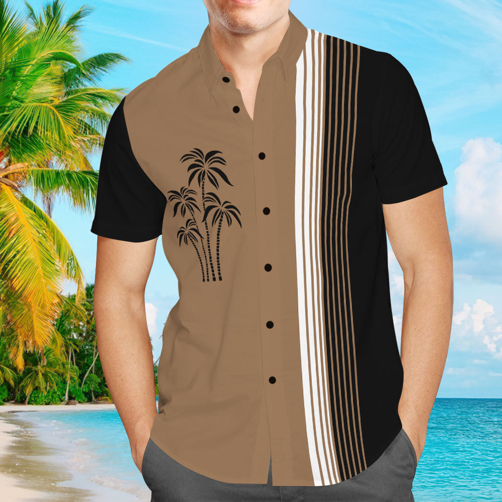 Camisa De Bolos A Rayas Con Estampado Informal De Palmeras Hawaianas Vintage Para Hombres Con Texto Personalizado Para Hombres