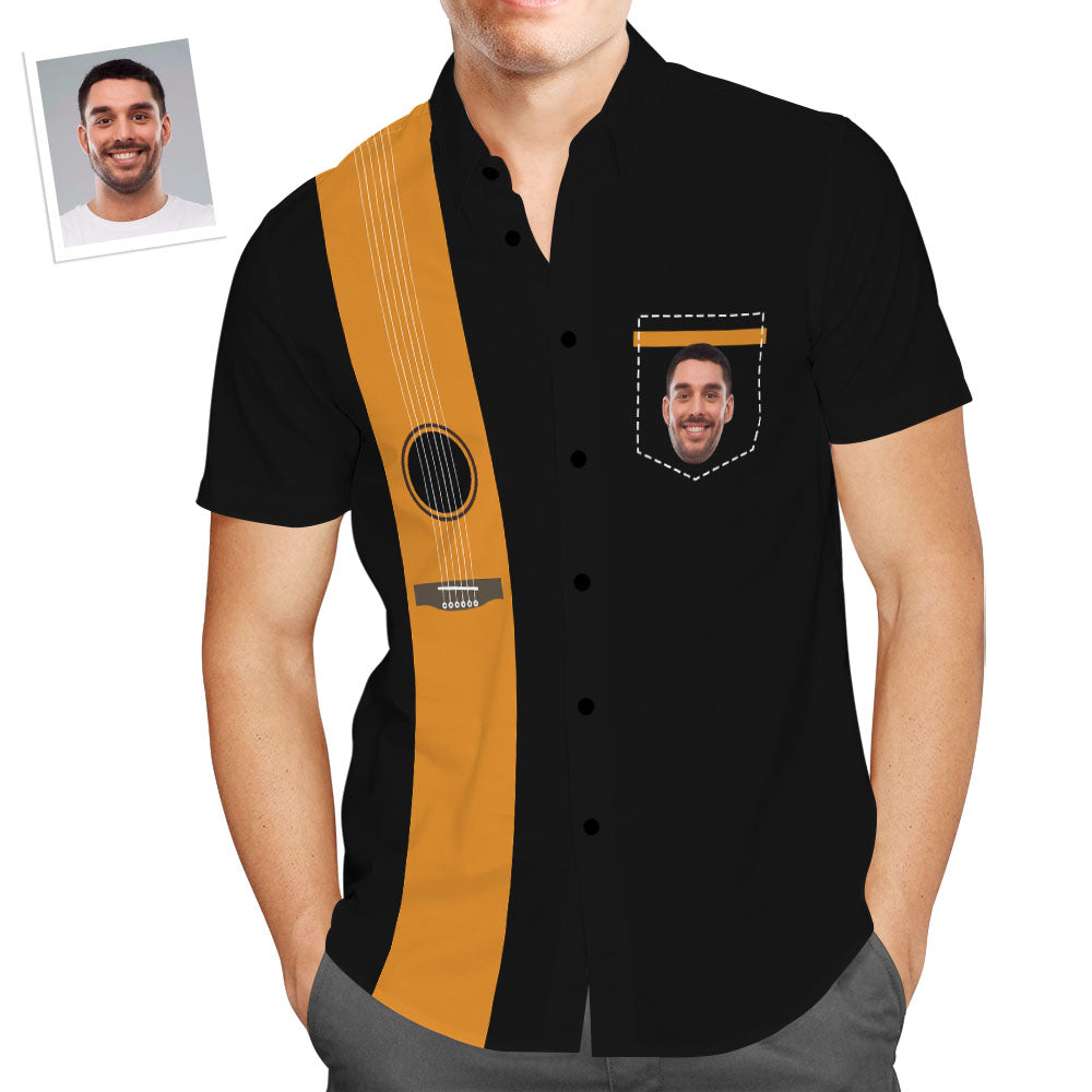 Camisa Hawaiana De Manga Corta Informal Con Estampado De Guitarra Musical Para Hombre Con Cara Personalizada, Camisas De Bolos Vintage Para Hombres