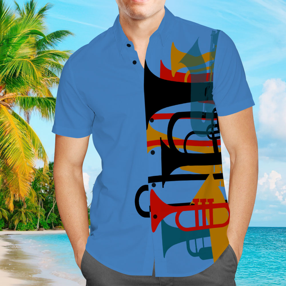 Camisas Hawaianas Vintage Con Texto Personalizado Para Hombre, Camisas Hawaianas Con Estampado De Trompeta De Música Jazz Para Hombre