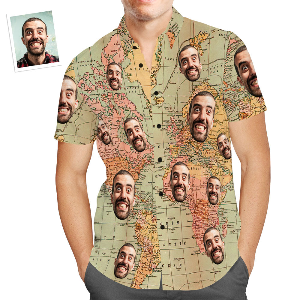 Camisas Hawaianas Vintage De Manga Corta Con Estampado De Mapa Del Mundo De Cara Personalizada Para Hombres