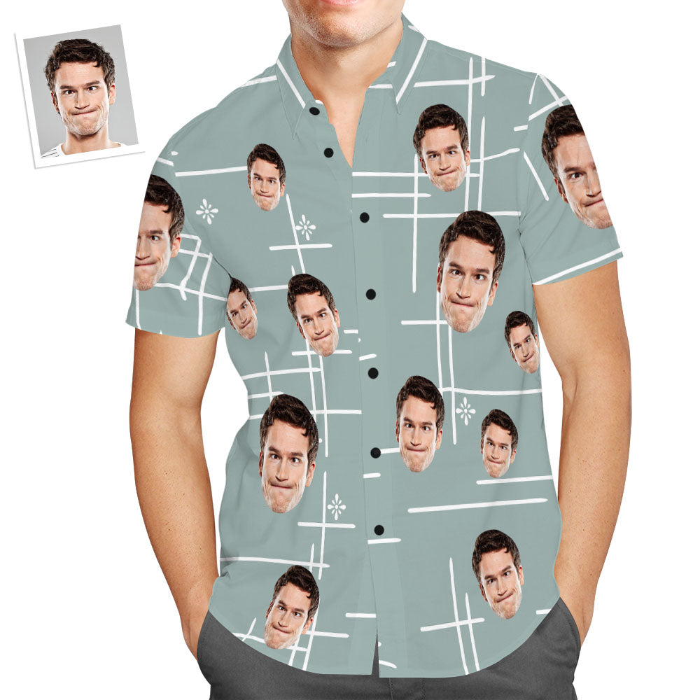 Camisa Hawaiana Vintage De Manga Corta Con Dibujo De Líneas Informales Y Cara Personalizada Para Hombres