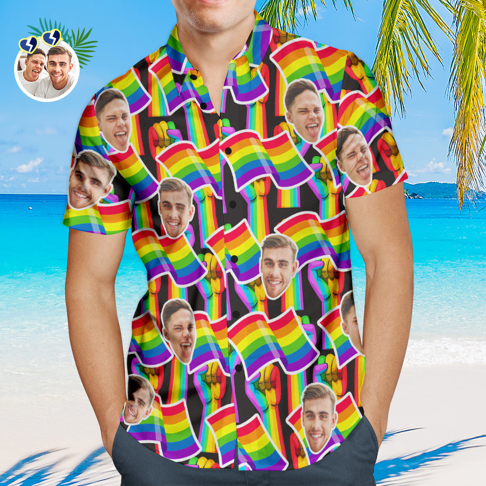 Camisas Hawaianas Personalizadas Para Hombres Camisa Personalizada Del Orgullo Gay Lgbtq - Bandera Del Arco Iris