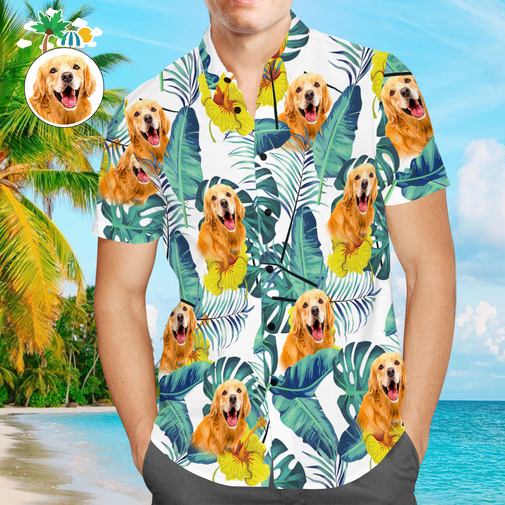 Camisas Hawaianas Personalizadas Para Hombres Con Cara De Perro Linda Personalizada Para Amantes De Las Mascotas - Hojas Verdes