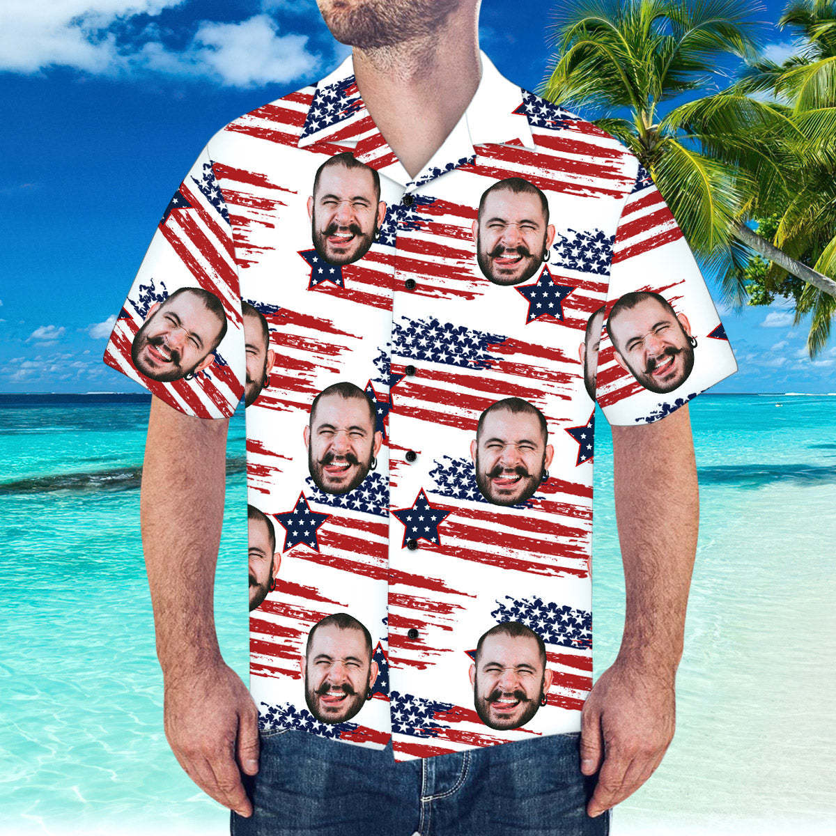 Camisa Hawaiana Con Cara Personalizada, Camisa Hawaiana Con Bandera De América Para Fiesta En La Playa