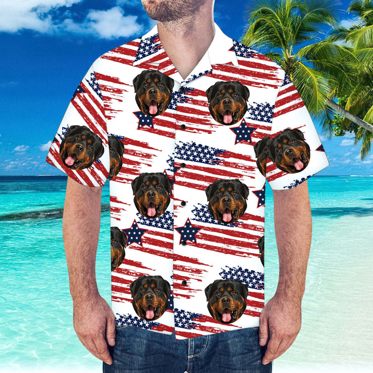 Camisa Hawaiana Con Cara Personalizada, Camisa Hawaiana Con Bandera De América Para Fiesta En La Playa