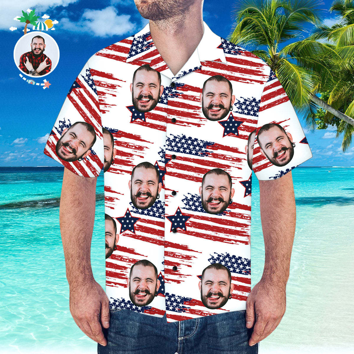 Camisa Hawaiana Con Cara Personalizada, Camisa Hawaiana Con Bandera De América Para Fiesta En La Playa