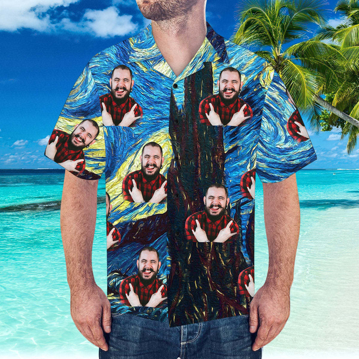 Camisa Hawaiana Personalizada Con Cara De Novia Y Patrón De Noche Estrellada