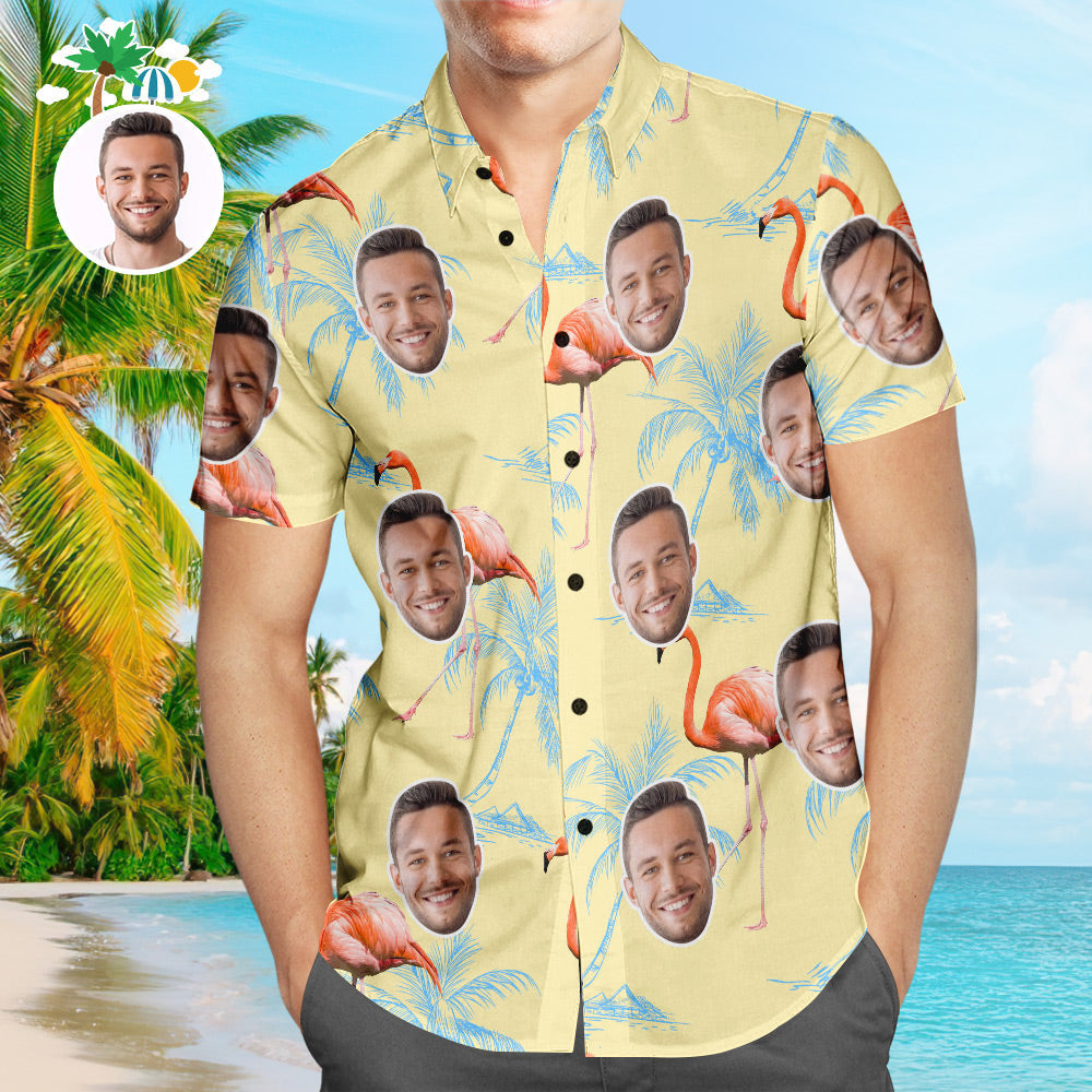 Camisa Hawaiana De Cara Personalizada Sunny Flamingo Personalizada Aloha Beach Shirt Para Hombres